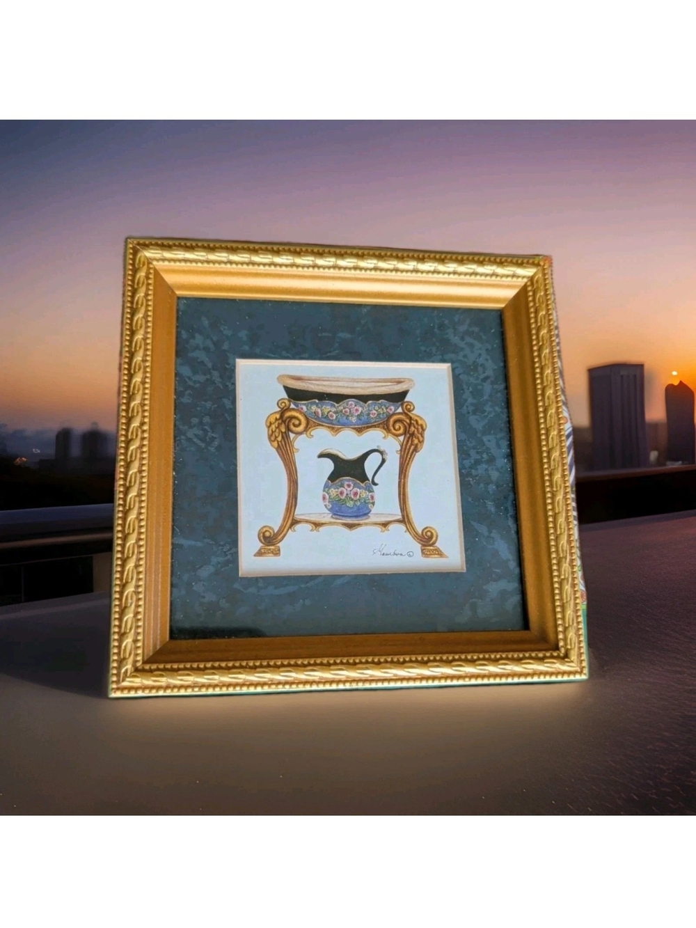 SMALL GILT WOOD SQUARE FRAMED BATHROOM VANITY LITHO. By-Consuelo Gambo 5.75 In.